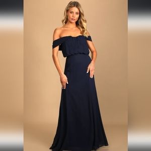 NWT Lulu's Enduring Love Off the Shoulder Navy Blue Maxi Dress, size L